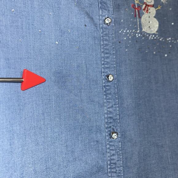 Quacker Factory 3X Denim Gem Snowman Chambray Roll Tab Sleeve Holiday Sparkle - Picture 5 of 5